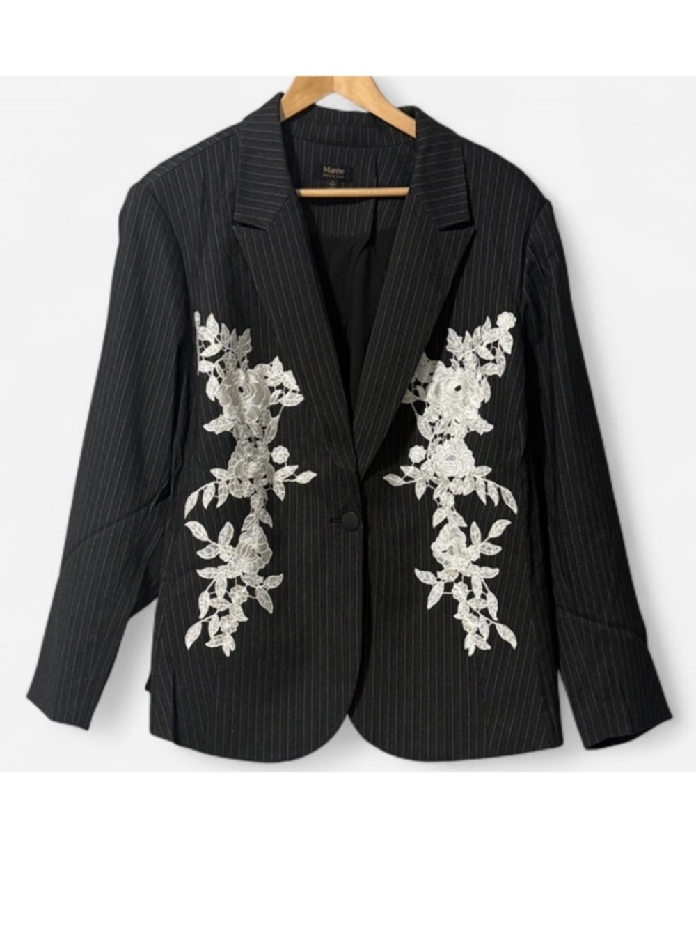 Maree Pour Toi Grey Pinstripe Blazer with White Floral Lace Plus Size 24